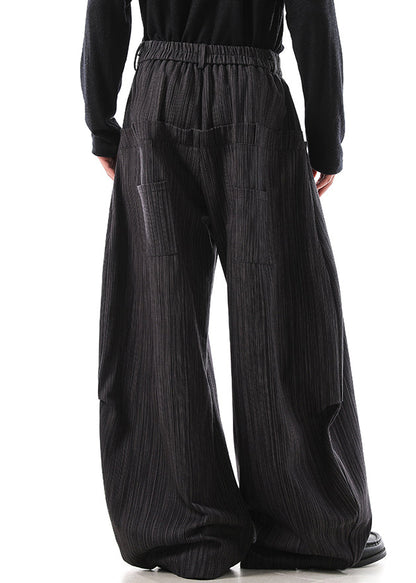 Grey Pockets Cotton Wide Leg Pants Elastic Waist