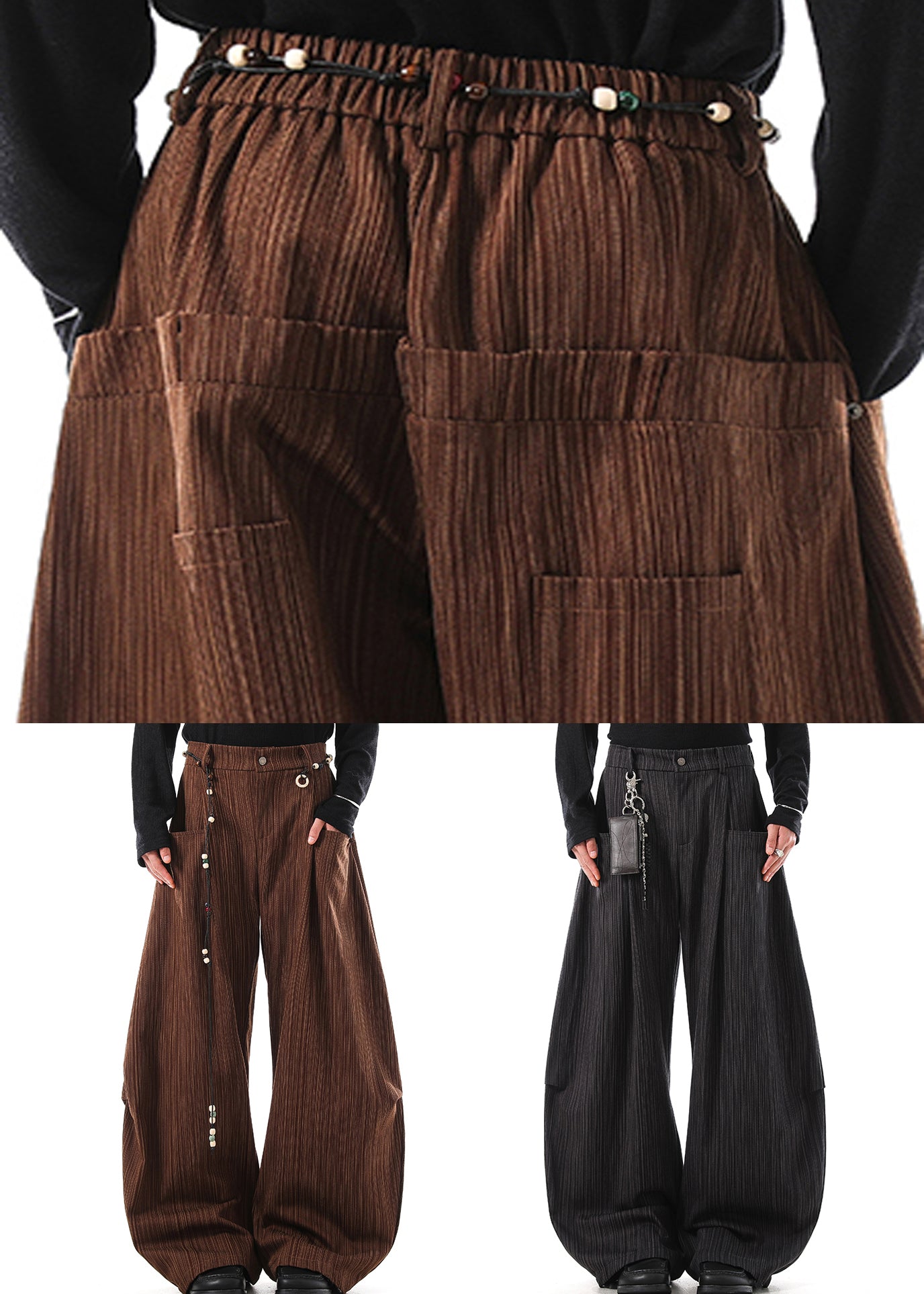 Grey Pockets Cotton Wide Leg Pants Elastic Waist