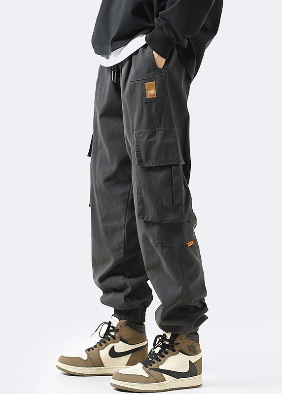 Grey Pockets Elastic Waist Cotton Beam Pants Clothing Spring