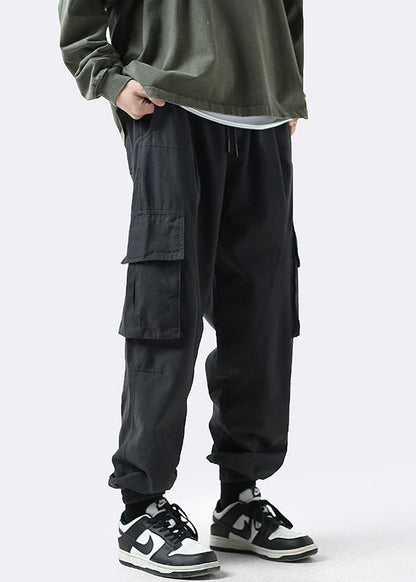 Grey Pockets Elastic Waist Cotton Beam Pants Clothing Spring