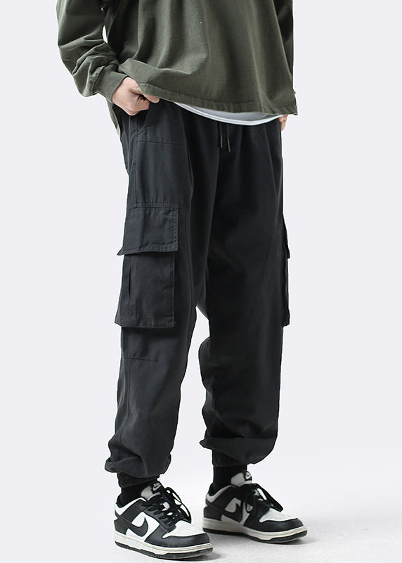 Grey Pockets Elastic Waist Cotton Beam Pants Clothing Spring