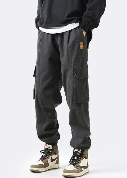 Grey Pockets Elastic Waist Cotton Beam Pants Clothing Spring