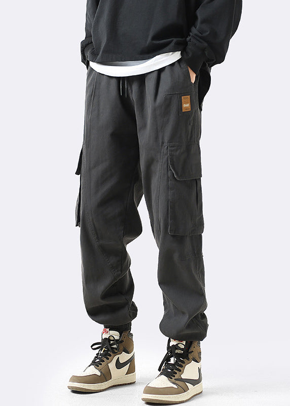 Grey Pockets Elastic Waist Cotton Beam Pants Clothing Spring
