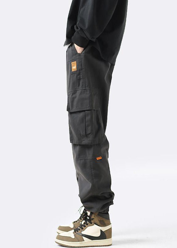Grey Pockets Elastic Waist Cotton Beam Pants Clothing Spring