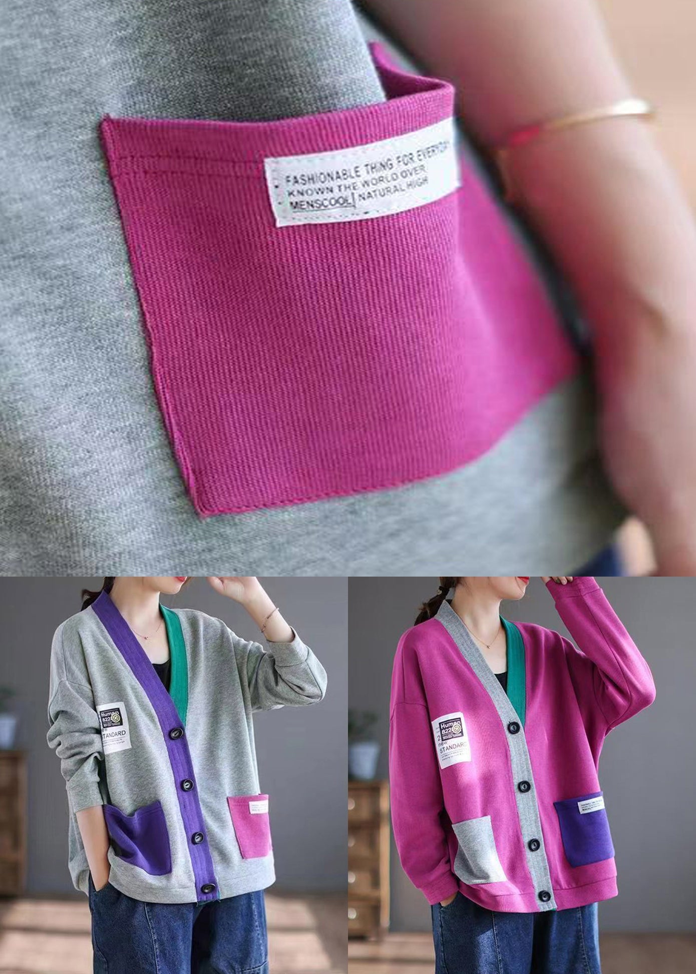 Grey Pockets Patchwork Loose Cotton Cardigans V Neck Spring