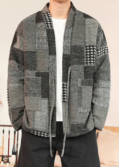 Grey Pockets Patchwork Woolen Coat V Neck Winter