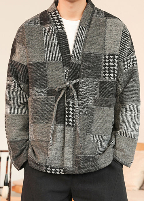 Grey Pockets Patchwork Woolen Coat V Neck Winter