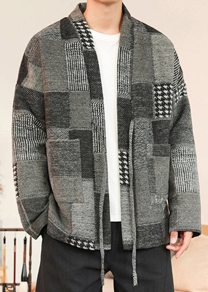 Grey Pockets Patchwork Woolen Coat V Neck Winter