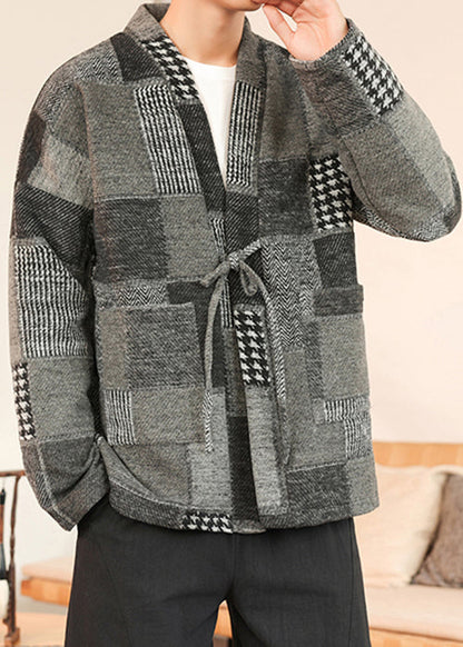 Grey Pockets Patchwork Woolen Coat V Neck Winter