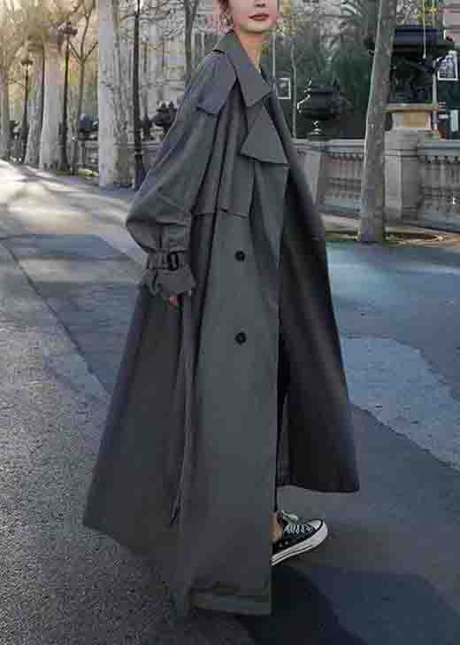 Grey Pockets Side Open Patchwork Cotton Long Trench Coats Peter Pan Collarlong Sleeve