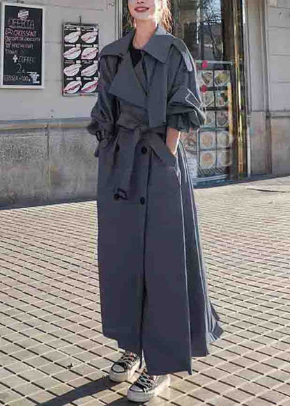 Grey Pockets Side Open Patchwork Cotton Long Trench Coats Peter Pan Collarlong Sleeve