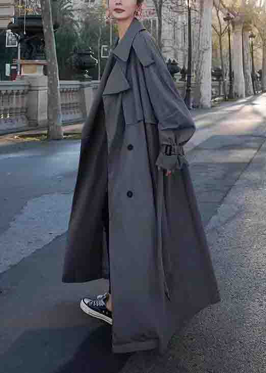 Grey Pockets Side Open Patchwork Cotton Long Trench Coats Peter Pan Collarlong Sleeve