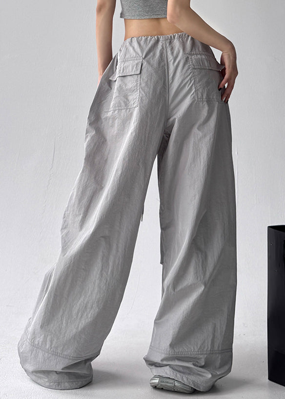 Grey Pockets Cotton Wide Leg Pants Drawstring
