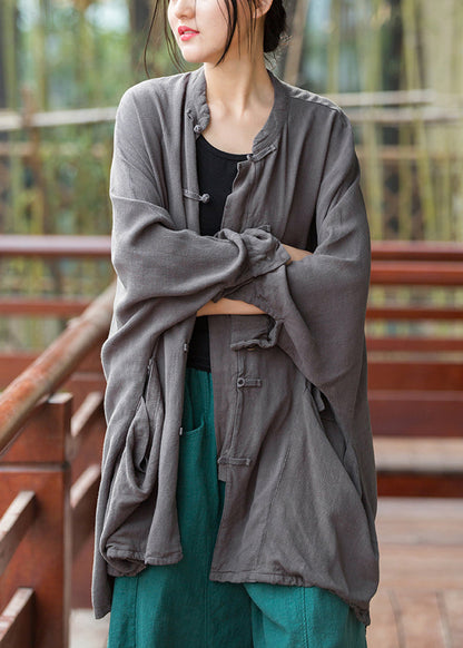 Grey Pockets Linen Coats Stand Collar Fall
