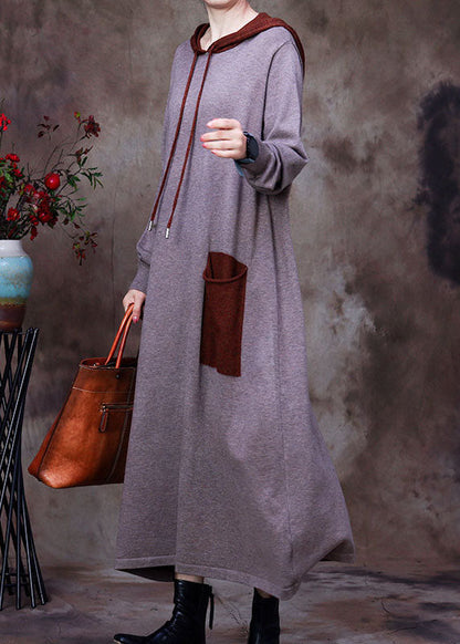 Grey Pockets Woolen Sweatshirts Dress Hooded Winter