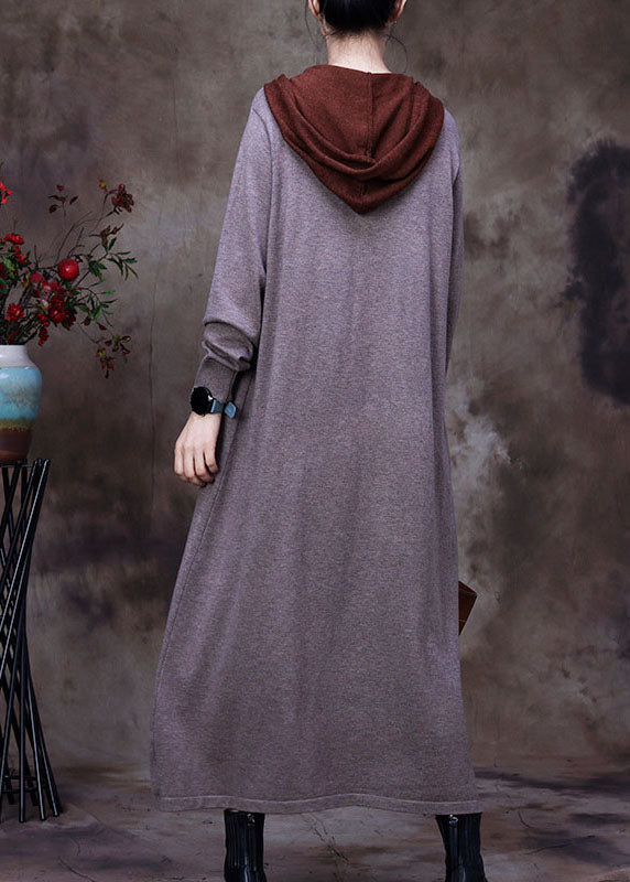 Grey Pockets Woolen Sweatshirts Dress Hooded Winter