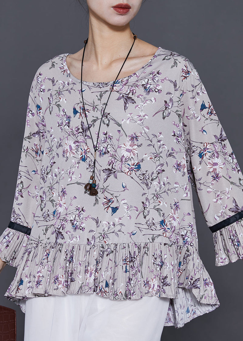 Grey Print Chiffon Shirts O-neck Ruffles Flare Sleeve