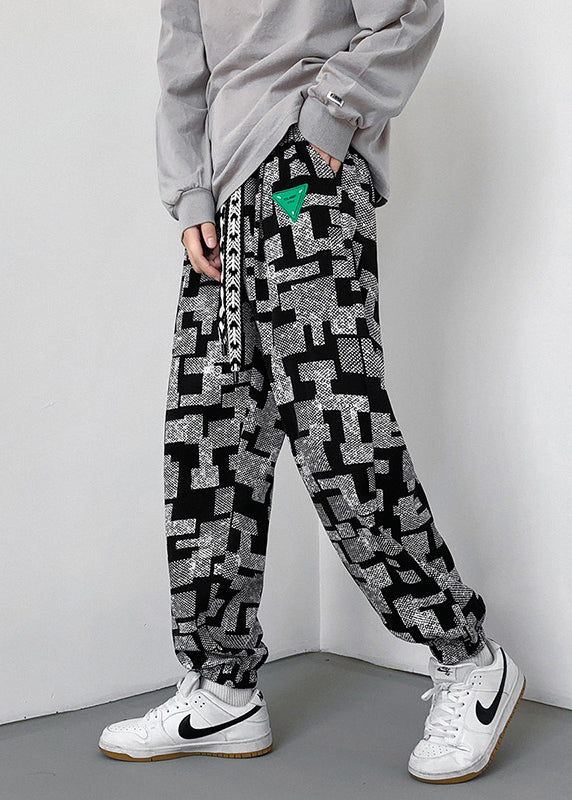 Grey Print Cotton Pants Oversized Spring