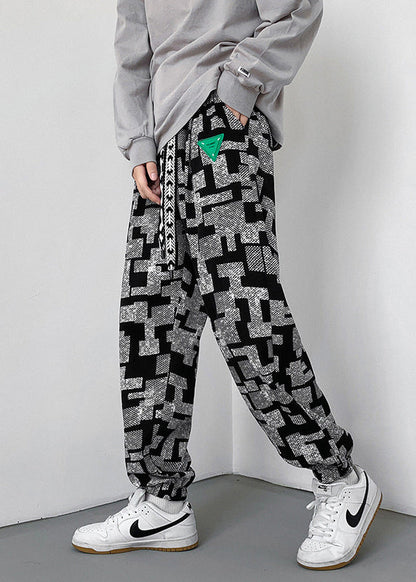 Grey Print Cotton Pants Oversized Spring