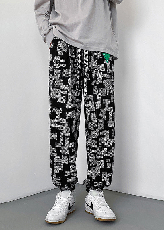 Grey Print Cotton Pants Oversized Spring