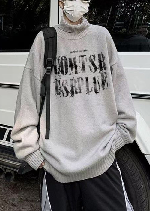 Grey Print Cozy Knit Sweaters Turtleneck