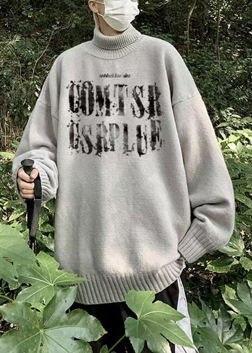 Grey Print Cozy Knit Sweaters Turtleneck
