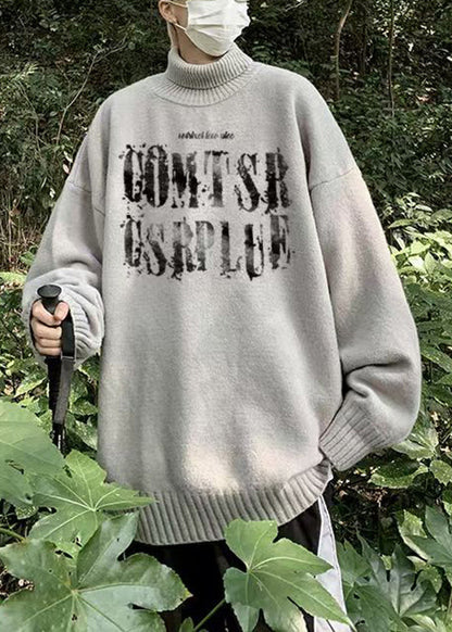 Grey Print Cozy Knit Sweaters Turtleneck