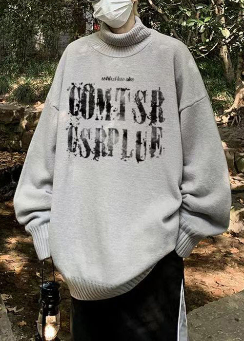 Grey Print Cozy Knit Sweaters Turtleneck