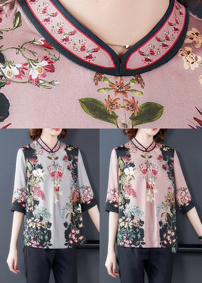 Grey Print Silk Top Stand Collar Half Sleeve