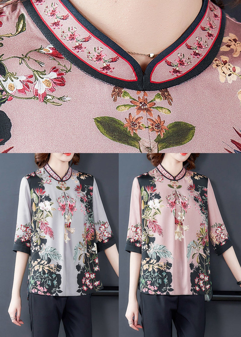 Grey Print Silk Top Stand Collar Half Sleeve