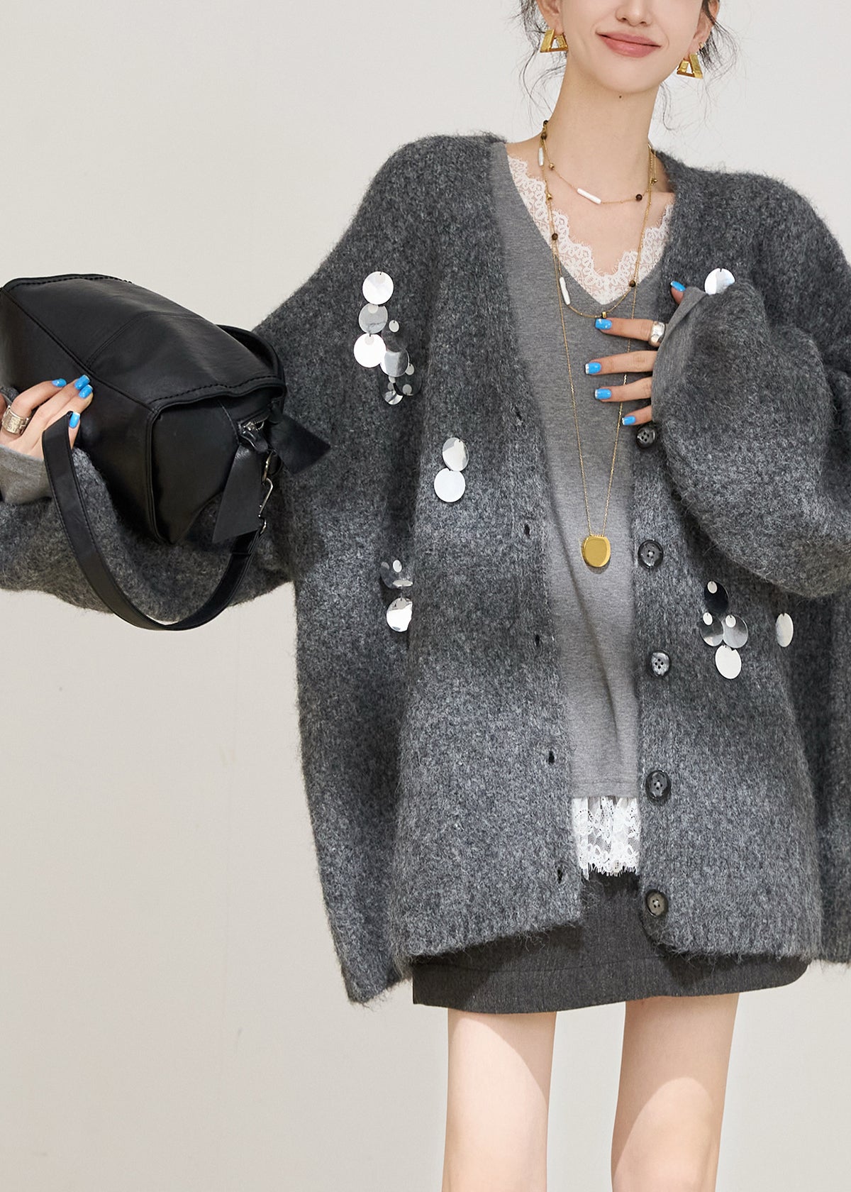Grey Sequins Cotton Knit Cardigans Spring