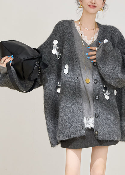 Grey Sequins Cotton Knit Cardigans Spring