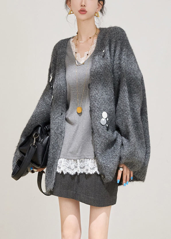 Grey Sequins Cotton Knit Cardigans Spring