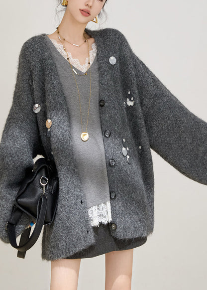 Grey Sequins Cotton Knit Cardigans Spring