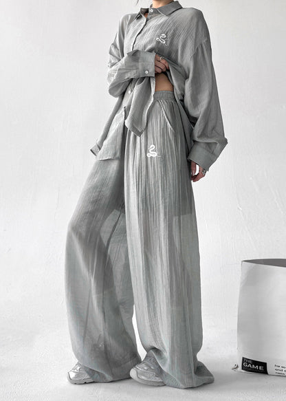 Grey Shirts and Pants Cotton Fall Two Pieces Set Elastic Waist