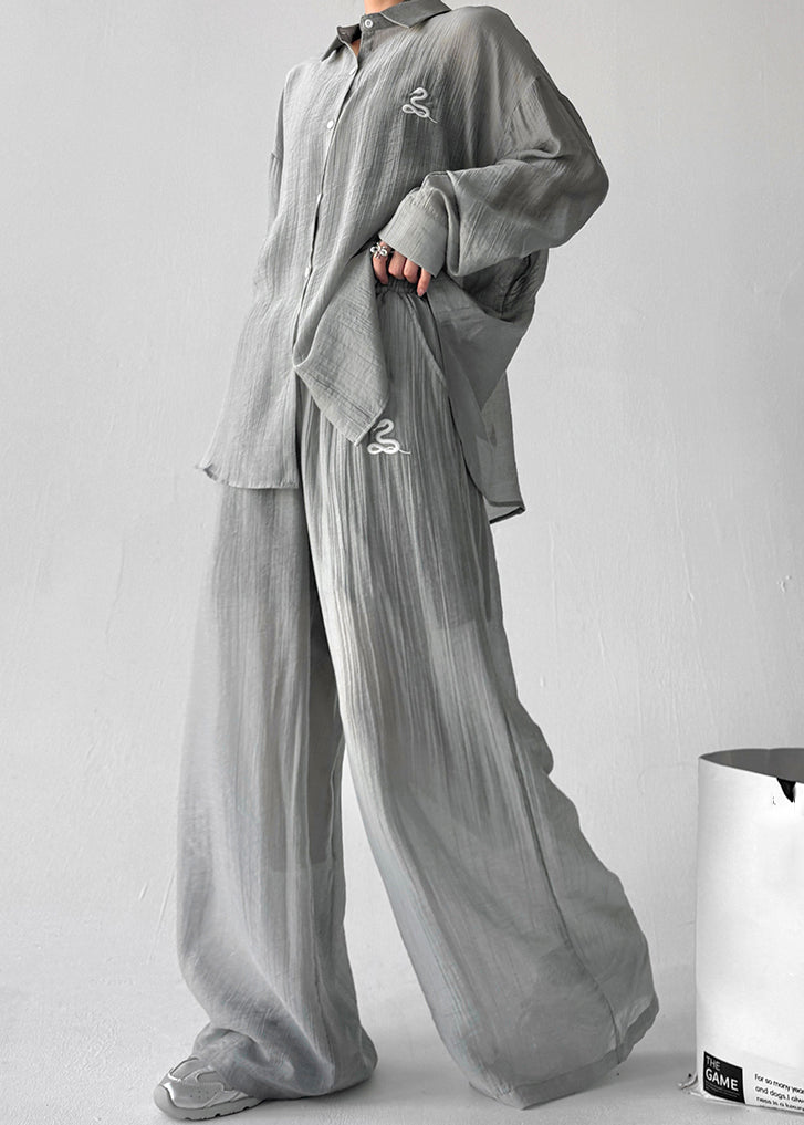 Grey Shirts and Pants Cotton Fall Two Pieces Set Elastic Waist