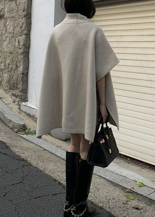 Grey Side Open Knit Cape Style Sweater Turtleneck Batwing Sleeve