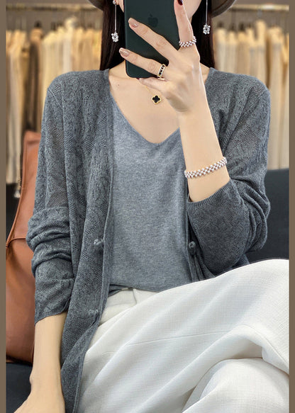 Grey Cozy Knit Cardigans V Neck Long Sleeve