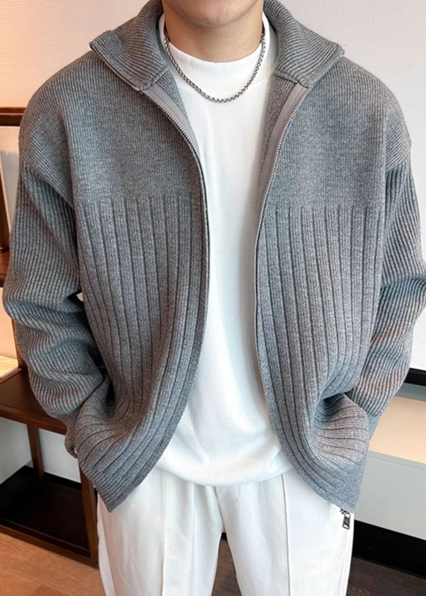 Grey Knit Spring Coat Peter Pan Collar