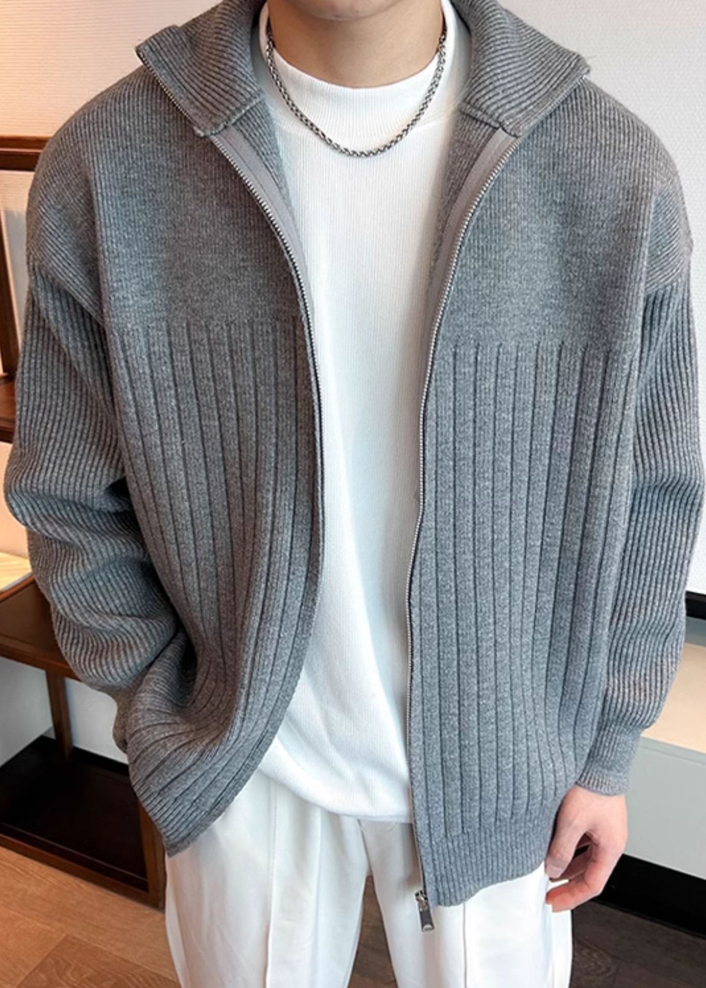 Grey Knit Spring Coat Peter Pan Collar