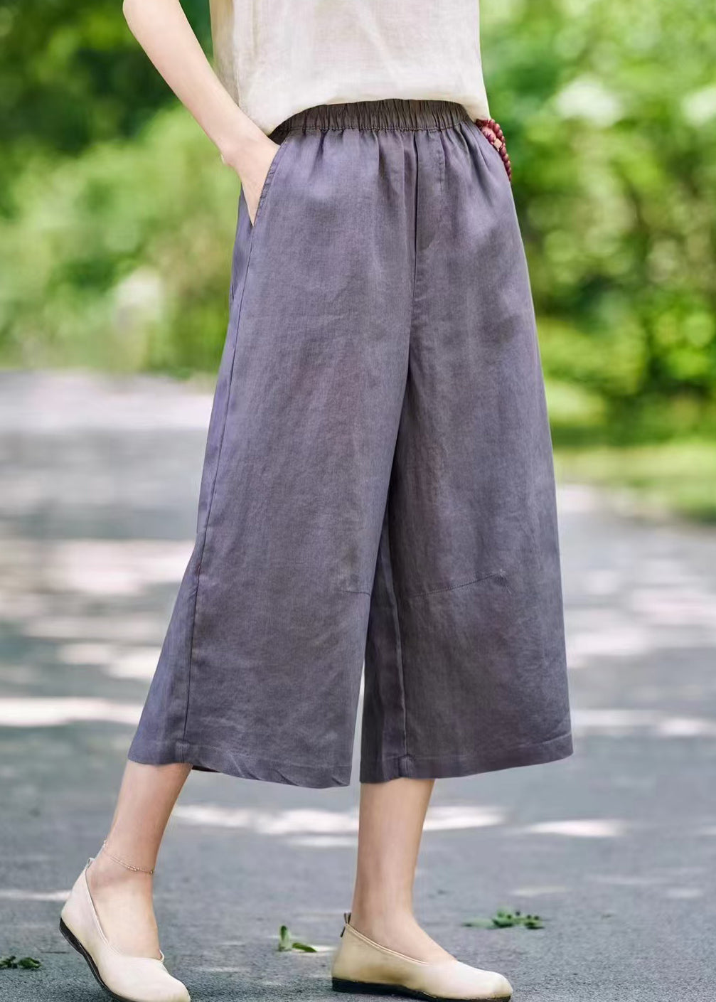 Grey Linen Summer Wide Leg Pants Elastic Waist