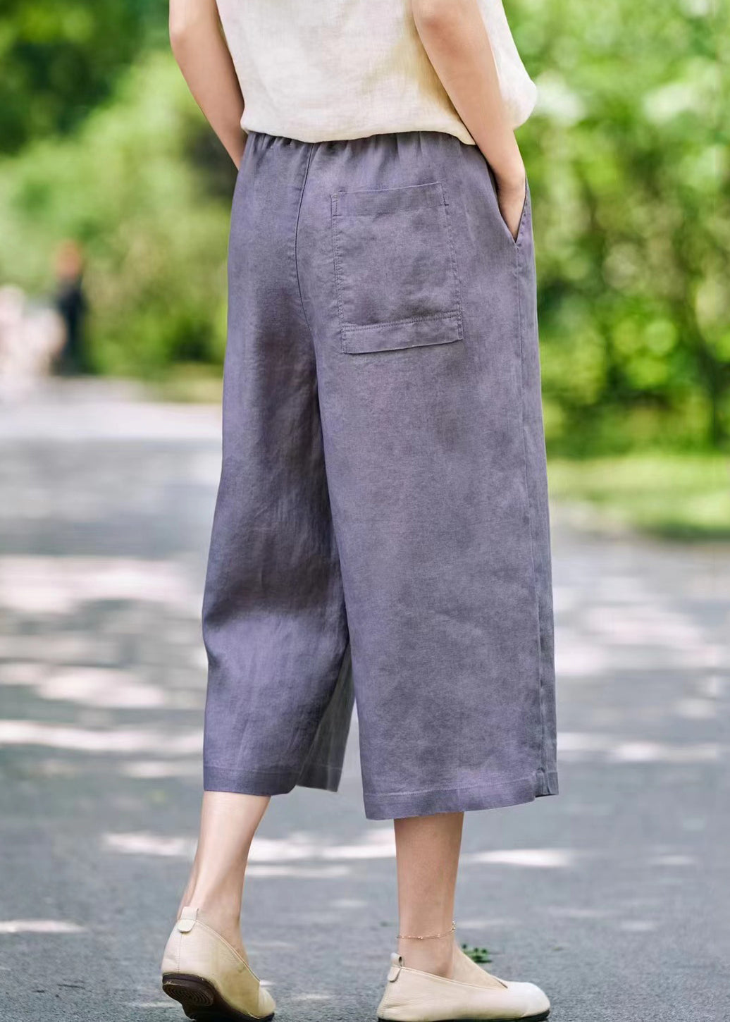 Grey Linen Summer Wide Leg Pants Elastic Waist