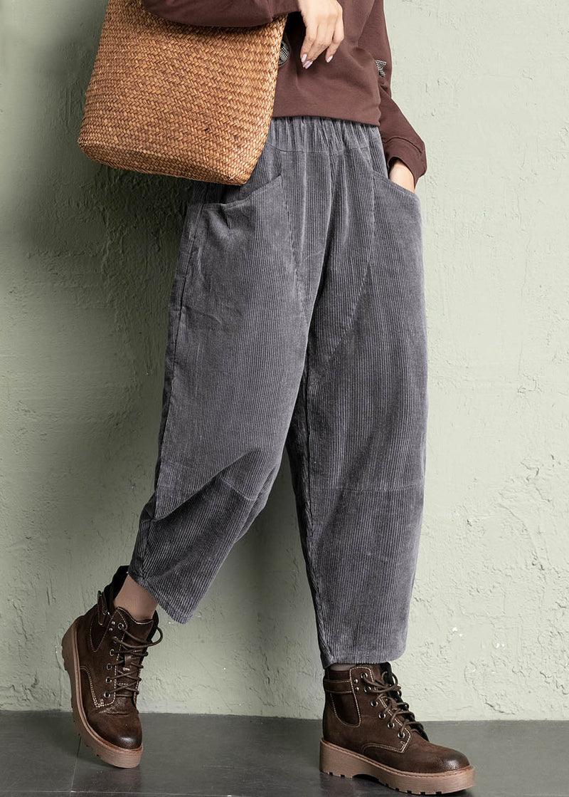 Grey Loose Corduroy Crop Pants High Waist Spring