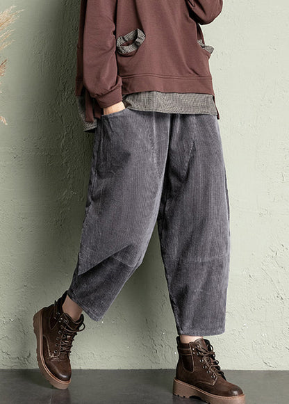 Grey Loose Corduroy Crop Pants High Waist Spring