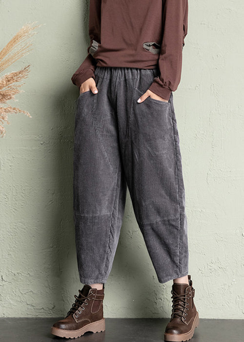 Grey Loose Corduroy Crop Pants High Waist Spring