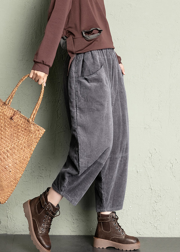 Grey Loose Corduroy Crop Pants High Waist Spring
