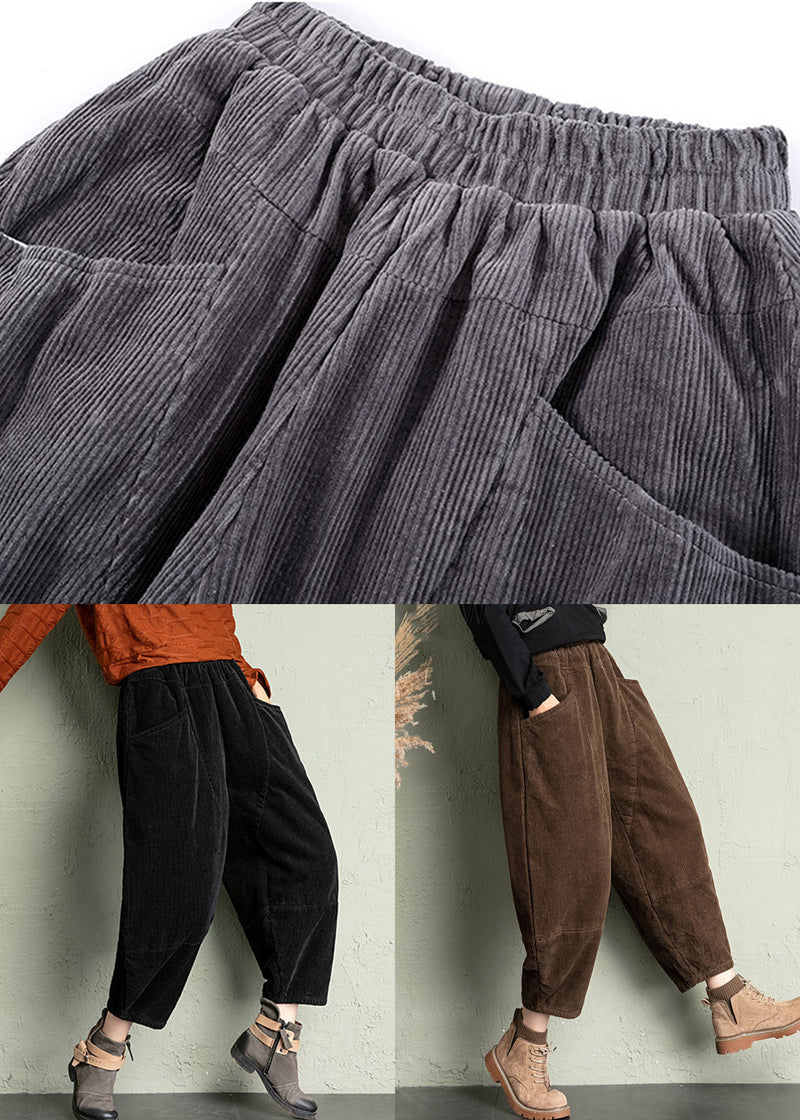 Grey Loose Corduroy Crop Pants High Waist Spring