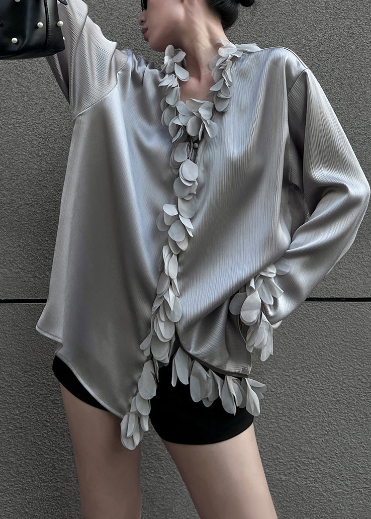 Grey Loose Cotton Blouses V Neck Petal Sleeve