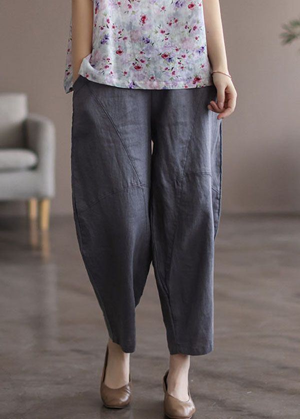 Grey Patchwork Linen Pants High Waist Summer