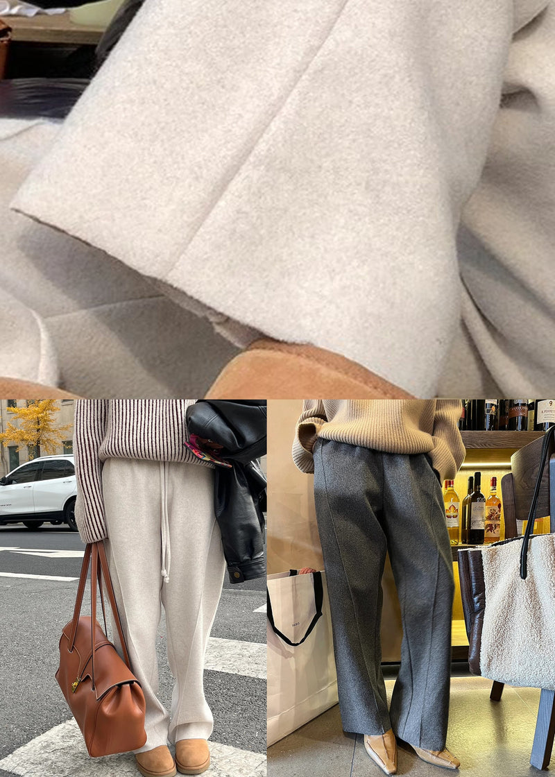 Grey Pockets Woolen Pants Elastic Waist Winter